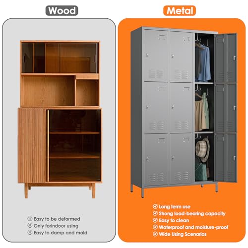 Image of SUPEER 9 Door Metal Storage Lockers for Employees,Heavy Duty Steel School Locker with Adjustable Shelves and 27 Hooks,Metal Lockers for Gym,Home,Garage,72 inch H x 35.4 inch W,Dark Grey,Assembly Required