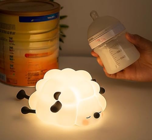Cute Kids Night Ligh Sheep Shape Tapping Induction, Time Off Light, Phone Stand, Soft Silicone Night Light for Baby Nursery (Black)