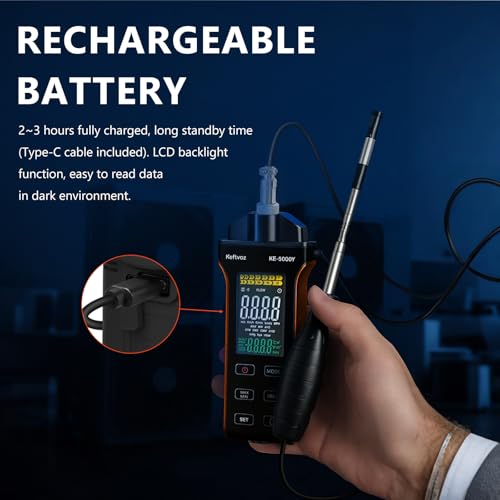 Digitales Heißdraht-Anemometer, Kethvoz HVAC Windgeschwindigkeitsmesser zur Messung der Luftgeschwindigkeit 0,1–30 m/s CFM/CMM Windstrom 0–999900 ft3/min Temperatur Feuchtigkeit