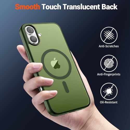 Image of SUPFINE Magnetic for iPhone 16 Plus Case (Compatible with MagSafe) (Military Grade Drop Protection) Slim Translucent Matte Shockproof with Anti-Fingerprint Phone Case,Cangling Green