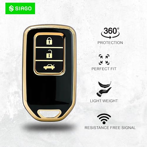 Image of SIAGO SIA358 TPU Key Cover and Metal Keychain Compatible for Honda City, Civic, Jazz, Amaze, CR-V, BR-v, WR-V with 3 Button Smart Key (Black Pack of 1)