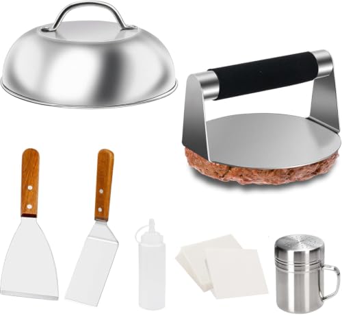 burger smasher Kit Smash burger press Grill Spatula Spice Dredge Shaker and Squeeze Bottle Wax Patty Papers for BBQ Cooking Beef Burger Griddle Accessories Kit for Flat Top Griddle Grill Cooking