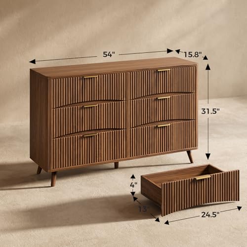 Image of Evermagin 54 inch Wide Fluted 6 Drawer Dresser, Mid Century Modern Curved Dresser, Light Wood Chest of Drawers for Bedroom, Living Room and Entryway, Walnut