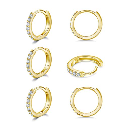 925 Sterling Silver Small Hoop Earrings, Cubic Zirconia Cartilage Huggie Earrings, 3 Pairs 14K Gold Plated Small Gold Hoops for Women Men 8mm