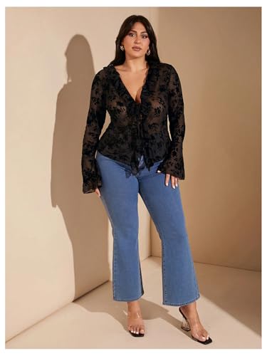 WDIRARA Women's Plus Size Floral Lace Sheer T Shirt Tie Front Long Bell Sleeve Tee Tops4