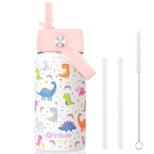 Fimibuke Kids Insulated Water Bottle, 14oz BPA FREE 18/8 Stainless Steel Travel Tumbler Double Wall Vacuum Leak Proof Kids Cup with Straw Metal Bottle for School Boys Girls(1 Pack, WHITE DINOSAUR)