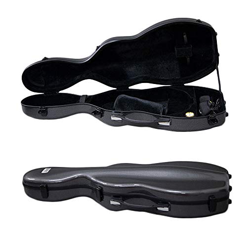 VIOLIN CASE-PAITITI Cello Shaped Full Size Durable Super Light Fiber Glass Violin Case with Hygrometer Backpackable (Black)