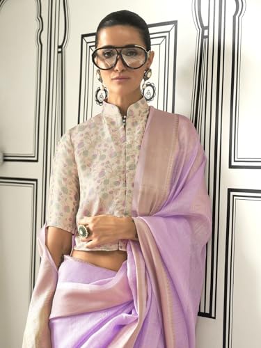Image of MADHUHANSH Women's Cotton Linen Saree with Unstitched Blouse Piece and Solid Pattern | Mithila Painting Saree | Saree for Haldi Ceremony