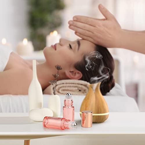 Wresty 1/6 Oz Pink Glass Roller Bottles, 6 Pack 5ml Roll On Bottles With Rose Gold Lids For Essential Oils, Perfume, Cosmetic Liquid4