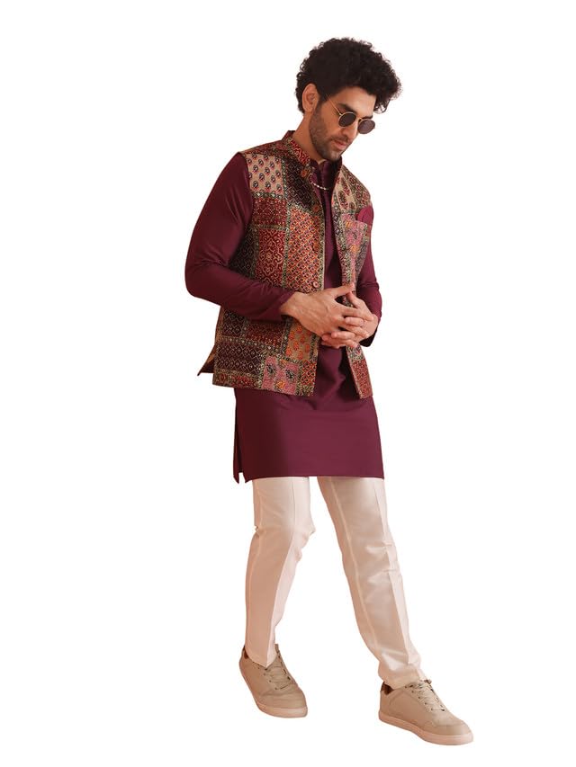 kisah Men's Kurta Jacket Trouser Set, Multi Silk Blend, Printed Regular Fit Mandarin Collar Long Sleeves-picture-52