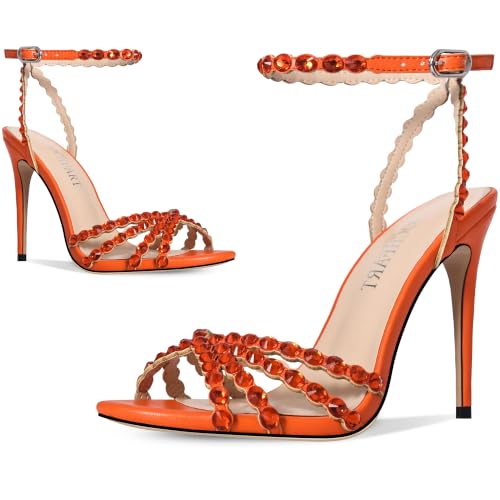 Image of HOCHFART Women's Rhinestone Stiletto High Heels Buckle Strappy Heeled Sandals Round Toe Sexy Dressy Pumps Shoes