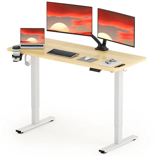 SANODESK QS Escritorio Elevable Eléctrico 140x60 cm, con Controlador de Pantalla Digital y Memoria, Gancho para Auriculares y Soporte para Bebidas, Escritorio Ergonómico para Oficina y Hogar - Arce