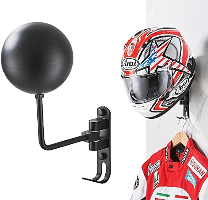 Helmet Rack Motorcycle Helmet Holder Wall Mount 180 Degree Rotation Metal with 2 Hooks Motorcycle Accessories Helmet Hanger for Coats, Caps, Footbal Baseballs and Rugby Helmet Accessories