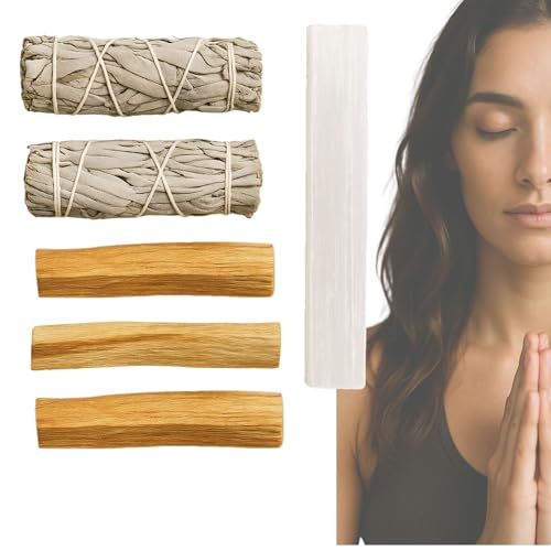 Kit Limpieza Energética: 2 Sahumerios Naturales de Salvia Blanca + 3 Palo Santo + 1 Selenita Natural 8-10 cm | Regalos espirituales | Purificación, Meditación y Protección Espiritual | SamayZen
