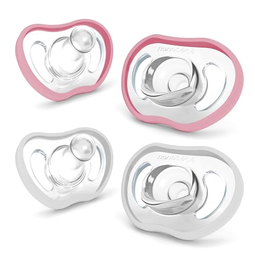 Image of Nanobebe Active Baby Pacifiers 4-36 Months - Orthodontic, Lightweight and Vented, Curves Comfortably with Face Contour, 100% Silicone - BPA Free, Perfect Baby Registry Gift 4pk, White/Pink