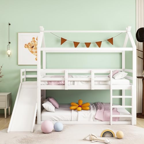 Dolamaní Etagenbett 2 Kinder 90x200 cm, kinderhochbett niedriges, Hausbett mit Rutsche & Treppe, Massiv-Holz Kinderbett mit Rausfallschutz, Bett mit Stauraum für mädchen Jungs (Weiß)
