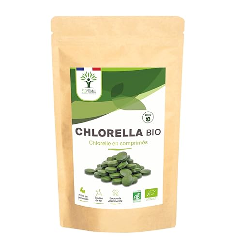 Chlorella Bio - Bioptimal - Complément Alimentaire - Protéine Vitamine B12-100% Poudre Chlorelle Pure - Compressé à froid - 500mg / Comprimé - Conditionné en France- Certifié Ecocert - 600 comprimés