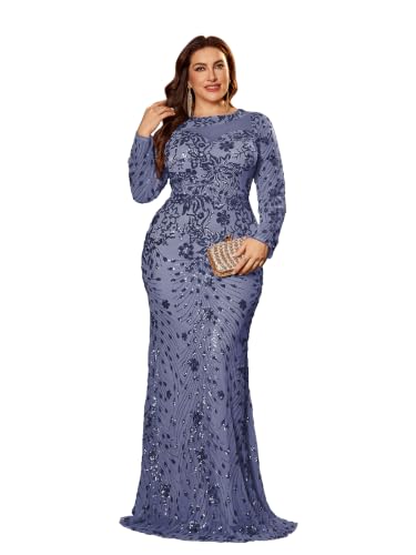 Plus Size Sequin Floral Floor Length Evening Gown, Long Sleeve Airy Blue 2XL