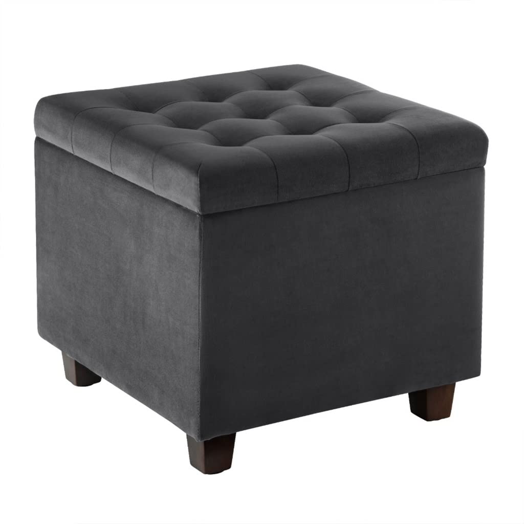 Multifunction Ottoman Chair Stool Grey Upholstered Footstool Velvet Square Pouffe Storage with Removable Cover
