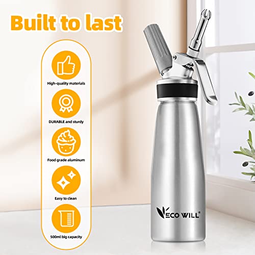ECO-WILL Professional Whipped Cream Dispenser, Durable Aluminum Cream Whipper with 2 Sets of Stainless Steel and Plastic Tips & Cleaning Brush,1-Pint / 500 mL, Homemade Cream Maker - Thumbnail 5
