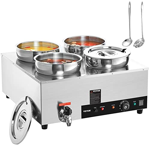 Image of ETL Listed VEVOR Electric Soup Warmer, Four 7.4QT Stainless Steel Round Pot 86~185F Adjustable Temp, 1500W Commercial Bain Marie with Anti-Dry Burn, Soup Station for Restaurant, Buffet, Silver