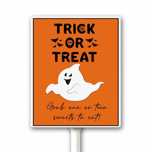 Halloween Tirck Or Treat Yard Sign, Halloween Candy Sign, Grab One or Two Sweets to Eat, Funny Garden Decoration, Sturdy Aluminum Plaque 18x22 CM With Stake for Road Porch Lawn