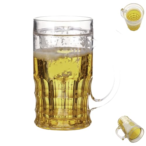 Genérico Copo de cerveja falso, 15 oz jarro de cerveja divertida de camada dupla, copo de cerveja falso duplo mezanino com alça, caneca de água realista para piadas, adorno secretária para bares e