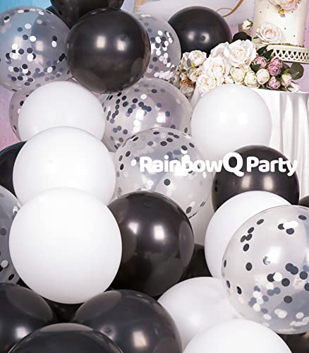 Image of RainbowQ 67Pcs 12 Inch Black and White Confetti Latex Helium Balloons | White Black Balloons Latex Helium Shiny Balloon Set for Graduation Anniversary Birthday Party Decorations