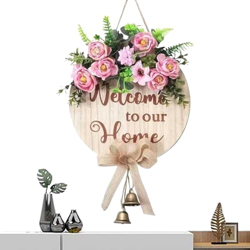 Generic Cartello per porta di benvenuto, cartello rotondo in legno con fiocco e campane, decorazione primaverile in eucalipto, 50 x 30 cm