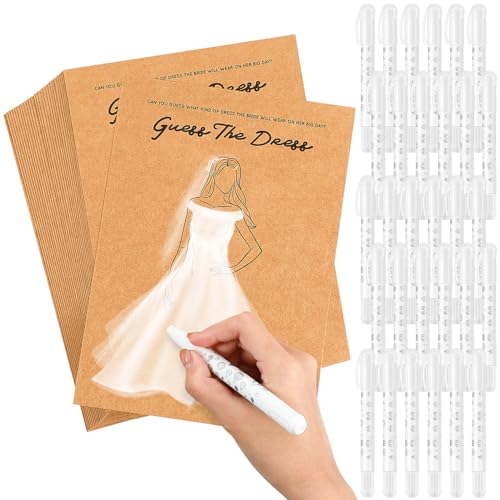 Geyoga 30 Set Guess The Dress Bridal Shower Games for Guests, Include 30 Pcs 5 x 7 Inch Wedding Shower Games Cards and 30 Pcs Watercolor Gel Crayons Fun Wedding Party Favors Decorations(Brown)