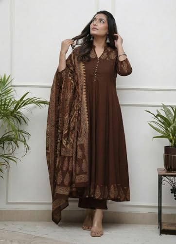 Image of GoSriKi Women's Rayon Viscose Anarkali Printed Kurta Pant with Dupatta | Anarkali Kurta Set for Women | Flared Kurti Pant Set | Ethnic Printed Suit for Women