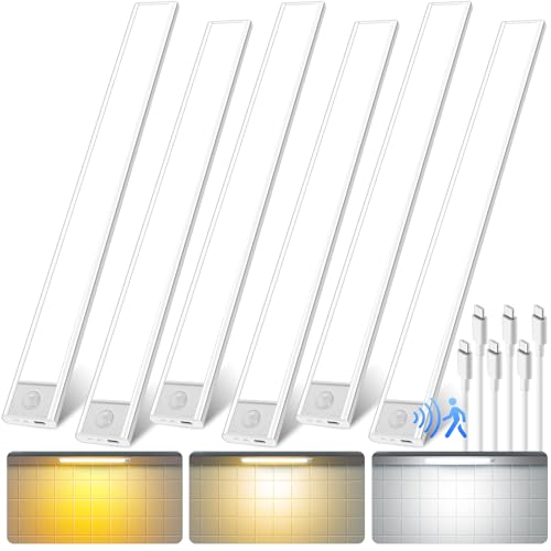 QENLAI 16 inch Under Cabinet Lighting, 80 LED Motion Sensor Closet Light, 1500mAh Rechargeable Battery Dimmable 3 Color Temperature Magnetic Wireless for Kitchen, Shelf, Stairs, Wardrobe, 6 Pack
