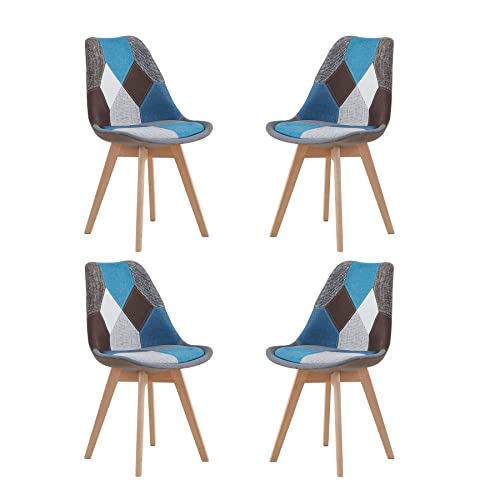 EGOONM Lot de 4 Chaises de Salle à Manger, Chaises de Style Nordique, Chaises de Cuisine en Patchwork, Chaises de Salle à Manger en Tissu (Bleu)