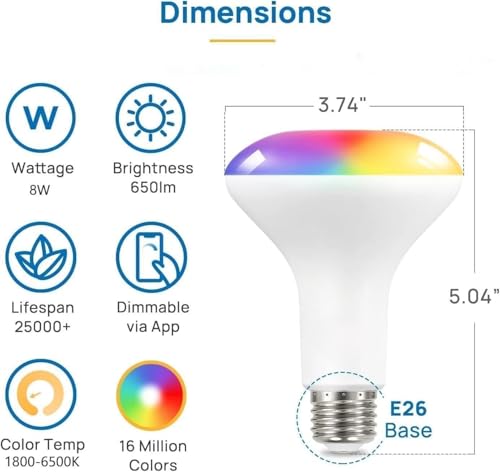 Image of OREiN Matter BR30 Smart Light Bulbs, 60W 650lm RGBTW Color Changing, 4 Pack | LED Light Bulb Compatible with Alexa, Apple Home, Google Home, SmartThings, 2.4Ghz WiFi only Smart Bulbs, E26 Base