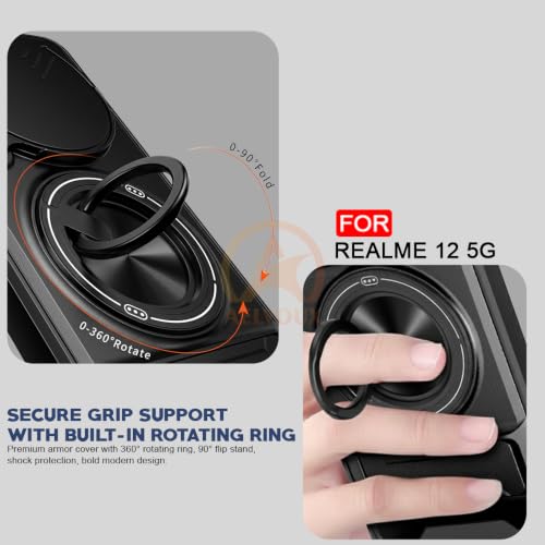 Image of Realme 12X / 12 /13 / C65 5G Back Cover | Armor Camera Slider 360 Degree Rotating Finger Ring Holder Case with Bracket Stand Back Case Cover (Compatible with MagSafe Accessories) (Black)