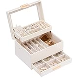 Lolalet Jewelry Box, Clear Window Jewelry Organizer with Drawer for Earrings Bracelets Necklaces Rings, Jewellery Storage for Women -White, 3 Layers