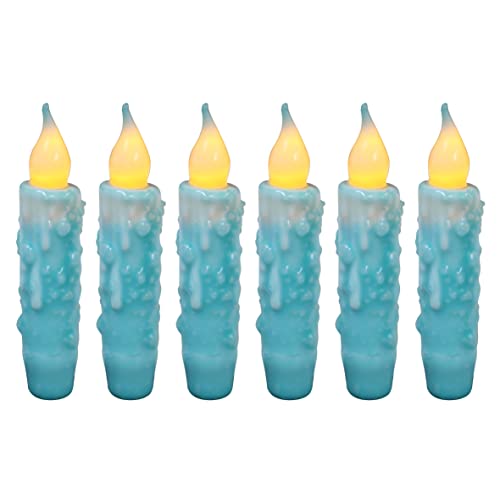 CVHOMEDECO. Real Wax Hand Dipped Battery Operated LED Timer Taper Candles Rustic Primitive Flameless Lights Decor, 4-3/4 Inch, Teal, 6 PCS in a Package