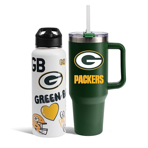 The Memory Company Officially Licensed 34oz Team Spirit Water Bottle and 46oz Game Day Tumbler with Straw Set, Green Bay Packers