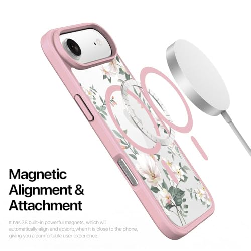 Image of VONZEE Back Cover Case Compatible with iPhone 17 Air Case Luxury Retro Flowers Floral Clear for Magnetic Wireless Charging Case Shockproof PC+TPU Cute Glossy Shiny Cover for Girls Women, 6.6'' Pink