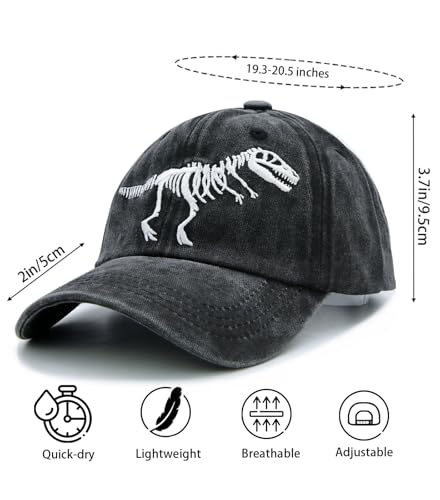 Boys' Skull Dinosaur Hat, Embroidered Dino Washed Adjustable Baseball Cap for Kids Age 3-112