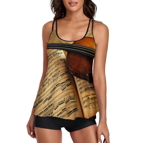 Maillot de bain tankini femme avec short de garçon et robe de plage motif guitare musique