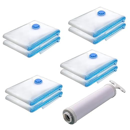 Kit com 8 Sacos a Vacuo + Bomba 4 Tamanhos 40x60, 50x70, 60x80, 80x100 cm Sacos Organizadores para Mala Viagem Roupas Cobertores Guarda Vac Bag