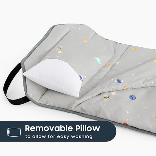 Image of Wake In Cloud - Cot Nap Mat with Pillow and Blanket, 100% Cotton Fabric, for Toddler Kids Boys Girls Ages 3 Plus in Daycare Kindergarten Preschool, Stars Space Rockets