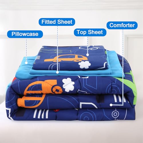 Image of Toddler Bedding Set Car, 4 Piece Toddler Bedding Set for Boys, Includes Car Toddler Bed Comforter, Flat Sheet, Fitted Sheet and Pillowcase, Blue