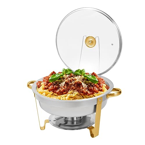 Restlrious Chafing Dish Buffet Set 7.5 Qt, Stainless Steel Round Chafers And Buffet Warmers Set W/Glass Viewing Lid And Lid Holder, Gold Frame Food Warmer For Party, Wedding, Banquet, Events, 1 Pack #TOP22