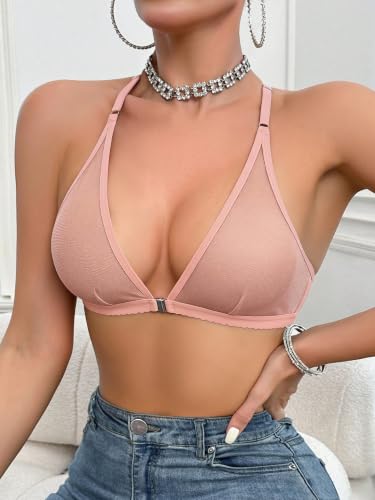 Image of SOLY HUX Women's Sheer Mesh Through Bra Sheer Bralette Front Closure Deep V Neck Wireless Lingerie Sexy Lingerie Bra