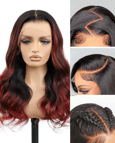 Topunique 13x6 Burgundy Red Highlight with Dark Roots Skinlike HD