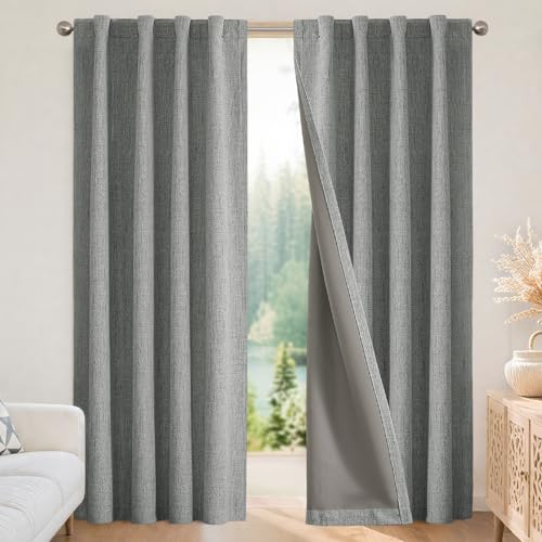 Joydeco 100% Tende Oscuranti per Interni 2 Pezzi L 140 x A 245 CM, Lino Tende Termiche con Passanti Nascosti per Soggiorno Moderne Cameretta Bambini Camera da Letto Blackout Curtains, Grigio Chiaro
