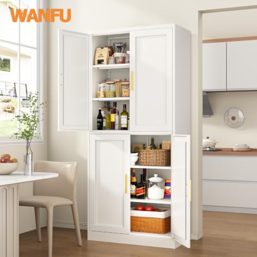 Image of Wanfu 71 inch Tall Pantry Cabinet, Metal Kitchen Pantry Cabinet with 4 Doors and 4 Adjustable Shelves, Kitchen Pantry Storage Cabinets, Metal Storage Cabinet for Kitchen, Dining Room, Living Room-White