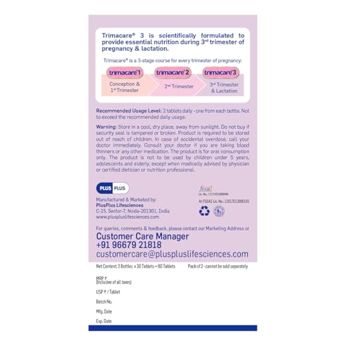 Image of TRIMACARE 3 Advance | Prenatal Vitamins For Pregnancy | 3rd Trimester| New Formula with Choline | Iron, Veg DHA Omega 3, Calcium | No Gas, Bloating, Or Constipation | Bowel Regulator | | 20+ essential nutrients (Pack of 3) | 60 X 3 Tablets |